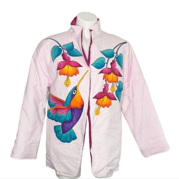 VTG Julia Pinkham Hummingbird Flower Hand Painted Open Front Canvas Jacket - Picture 1 of 5